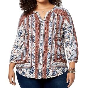 Style & Co. Boho Floral Cotton Modal Split Neck Button Front Top 1X Blue Brown